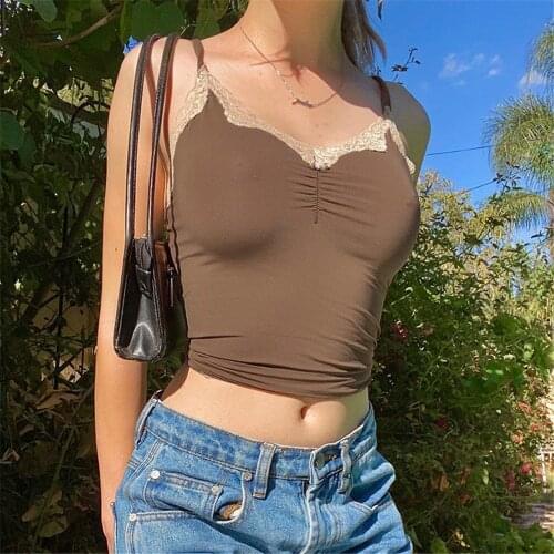 Sexy Female Vest Women V-Neck Sleeveless Crop Top Lace Stitching Pullover for Summer Base Shirt Slim Fitting Sweatshirt 2021