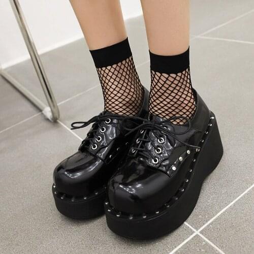 Metal Rivet Dark Bat Punk Style Platform Shoes Street Trend Wedge Lace-Up Pumps Burgundy Polyurethane Bottom Platform Shoes