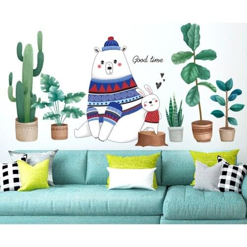 Creative 3D Bear Wall Stickers Plants Living Room Sofa Backdrop Wall Decoration Nordic Warm Bedroom Decor Decals for Furniture