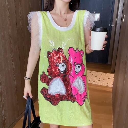 Women Summer Oversize Vest T-shirts Tops Fashion Cartoons Sequined Embroidery Long T-Shirt Lace Patchwork Sleeveless TShirt Tees