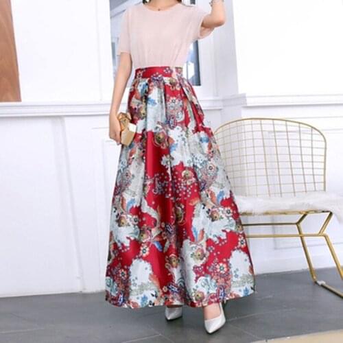 2020 New Summer Women Chic Floral Printed Zipper Pleated Skirts Female A-Line High Waist Personality Streetwear Long Skirts Z44