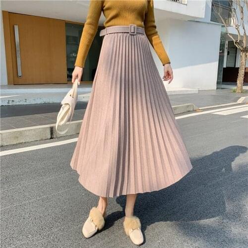 Heydress 2020 Female Casual Spring Elegant Hight Waist Woolen Skirts Lady Belted Sashes Pleated Skirts Thicken Female Midi Skirt