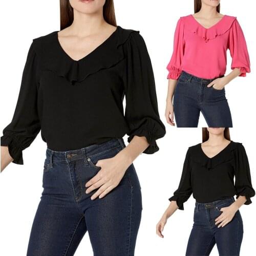 Women Fluid Twill Three Quarter Butterfly Sleeve V-Neck Ruffle Sexy Lovely Shirt Top Fashion Casual Solid Color Girls T-Shirt