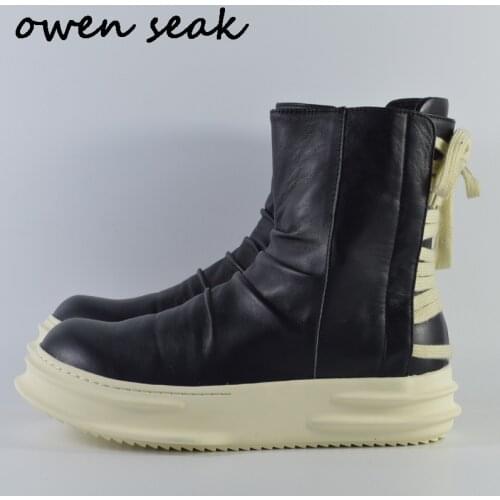 2018 New Owen Seak Women Shoes High-TOP Ankle Boots Genuine Leather Sneaker Luxury Trainers Casual Lace-up Zip Flat Black Shoes