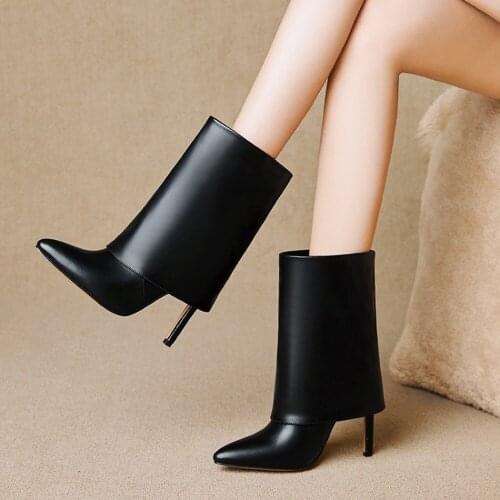 US4-10 Womens PU Leather Mid Calf Boots Pull On Stilettos High Heel Wide Tube Warm Winter Shoes Pointy Toe Sexy Plus Size 2Color