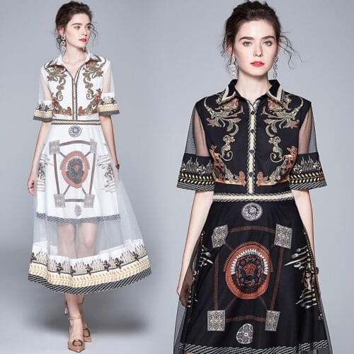 Half Sleeve Mesh Summer Dress Women Vintage Turn-down Collar Big Shirt Dresses Mid-Calf Print Regular See Through Sexy Dress