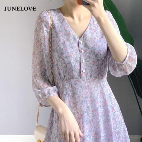 JuneLove women elegant ladies boho dress 2020 spring autumn long sleeve print sweet floral long maxi dress female purple vestido
