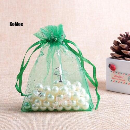 100pcs/lot 7x9cm Green Organza Bags Drawable Wedding Jewelry Candy Gift Packaging Bags Small Butterfly Organza Gift Bag Pouches