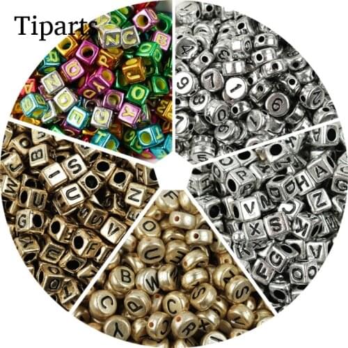 100pcs/lot Mixed Plating Beads Square Letter Digital Seed Spacer Beads for Kids Bracelets Necklaces DIY Jewelry Making Findings