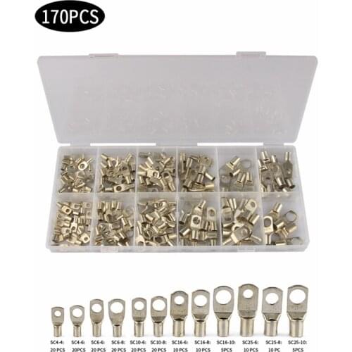 170Pcs/lot SC Bare Terminals Tinned Copper Ring Lug Terminal Seal Wire Connectors Bare Cable Crimped/Soldered Terminal
