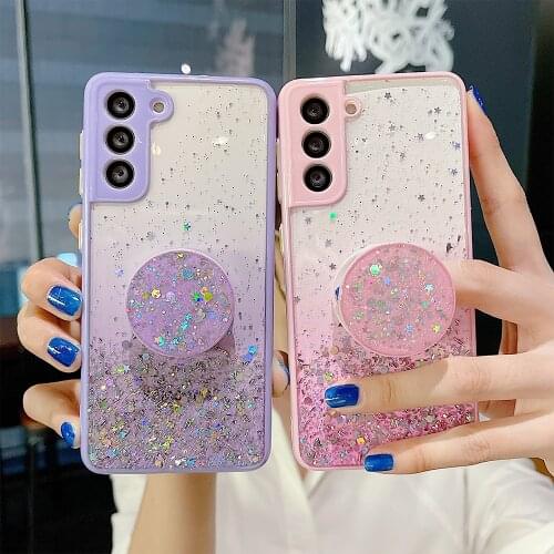 LOVECOM Gradient Glitter Clear Phone Case For Samsung S21 S20 FE A51 A71 A52 A72 A32 Note 20 Folded Flexible Holder Soft Cover
