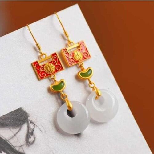 Natural Hetian Lanzhi jade geometric ingot Earrings Chinese style retro elegant light luxury charm womens silver jewelry