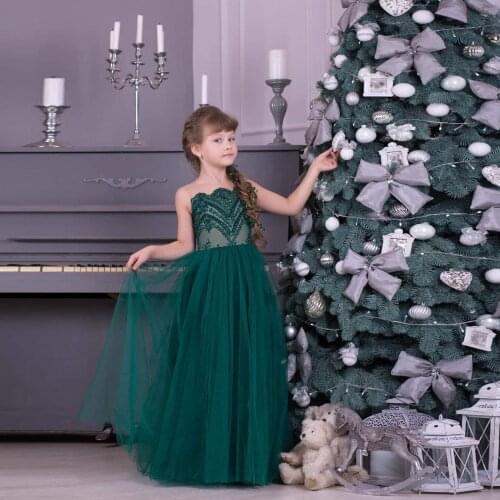 2021 Hot Hunter Green A-Line Draped Flowers Party Children Wedding Dress Kids Lace Appliques Strapless Girls Long Casual Dresses