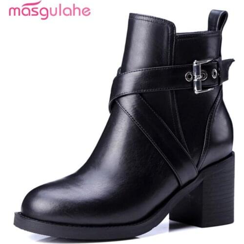 Masgulahe autumn winter boots buckle round toe genuine leather boots high quality thick high heels ankle boots for womens shoes