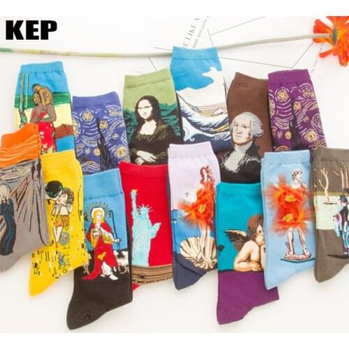 Art Harajuku Starry Night Autumn Winter Retro Men Cotton Socks Van Gogh Mural World Famous Oil Painting Mona Lisa Fashion Socks