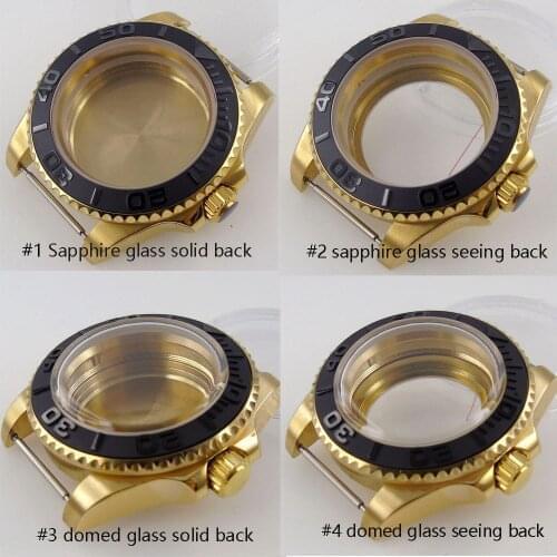 For NH35 NH36 Movement Bliger 40MM Gold Plated Watch Case Domed Glass Rotating Bezel Screw Down Crown Wristwatch Parts