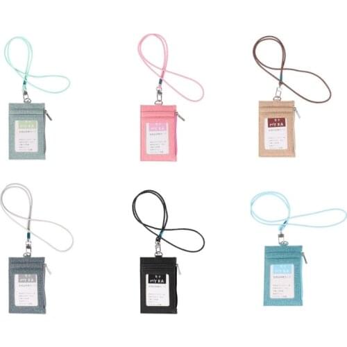 Q1QA Business Card Holder Wallet with Cotton Linen Lanyard ID Badge Zipper Wallet Bag