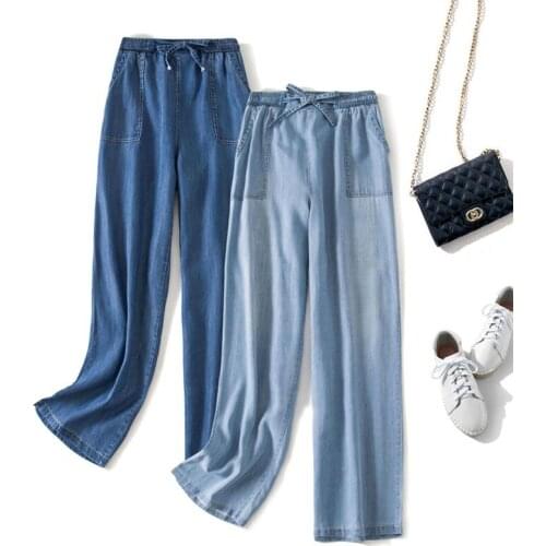 Plus Size Womens Loose Casual Thin Denim Long Pants 2021 Summer Vintage Elastic High Waist Female Wide Leg Jeans Bowtie Washed