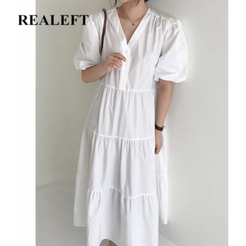 REALEFT Summer 2021 New Elegant White Womens Long Dresses Chic Lantern Sleeve V-Neck Casual Loose Female Korean A-Line Dress