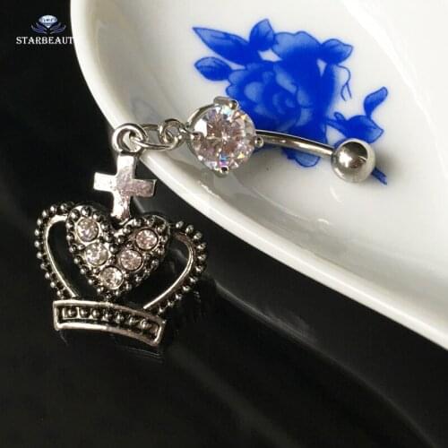 Starbeauty White Heart Crown Navel Piercing Ombligo 14G Vintage Dangle Belly Button Piercing Nombril Belly Button Rings Cross