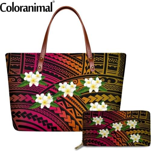 Coloranimal 2Pcs/Set Lady Crossbody Bag African Polynesian Plumeria and Hibiscus Printed PU Tote Handbag for Women Messenger Bag
