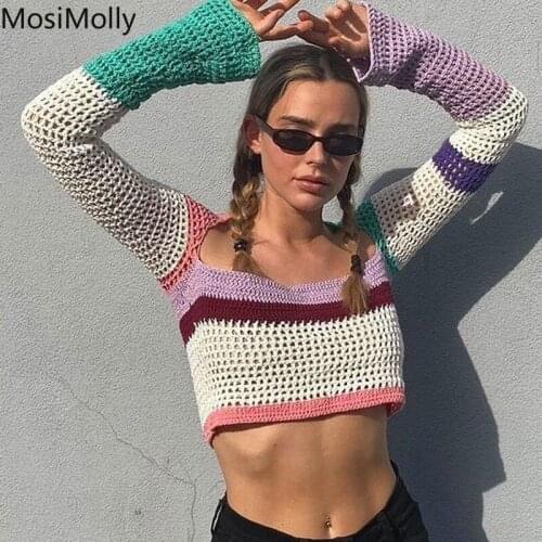 MosiMolly Handmade Sweater Striped Sweater Pullovers Women Long Sleeve Cropped Color Block Jumper Knits Pullovers 2021 AW