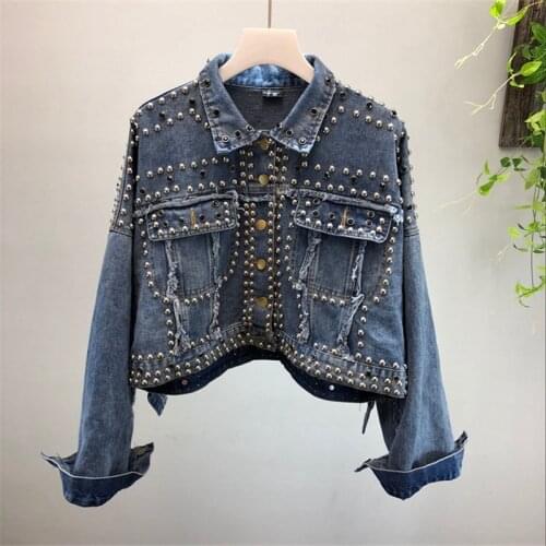 2019 Autumn New Studded Rivet Denim Jacket Womens Single Breasted Casual Short Jeans Jackets Coat Female Loose Crop Top R760