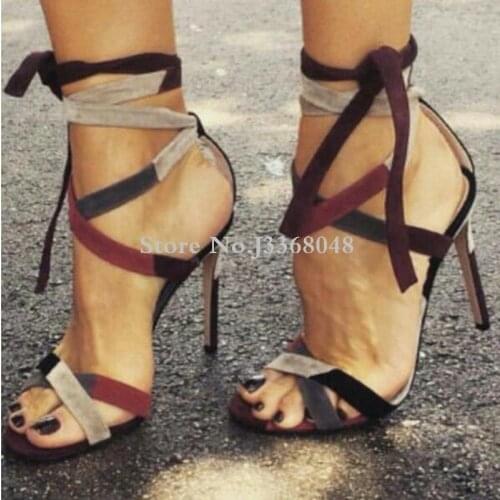 Shoes Woman Thin Heels Gladiator Patchwork Open Toe Sandal Mixed Colors Lace-up Fashion Party Dress Sandalias Women Real Photos