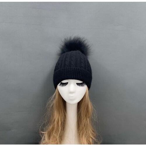 Women Detachable Raccoon Hair Ball Fashion Cap Winter Striped Twist Rabbit Wool Hat Thick Warm Cony Hair Hat