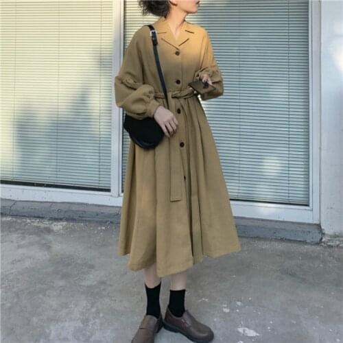 Women Autumn Khaki Single Breasted A-line Long Trench Coat Jackets Sashes Slim Waist Windbreaker Lantern Sleeve Overcoat Cloak