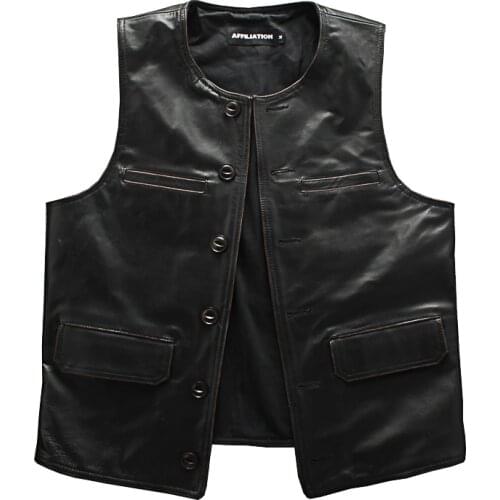 Japanese Vintage Genuine Leather Vest Mens Horsehide Waistcoat Motorcycle Biker Collarless Sleeveless Real Leather Jacket