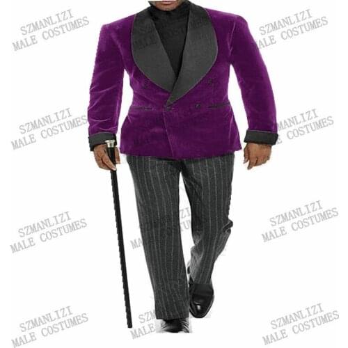 2021 Purple Double breasted Grey Stripe Pant Men Suits For Wedding Slim Fit Best Man Dress Bridegroom Groom Dress Formal Blazer