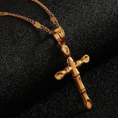24K Gold Color Jesus Cross Necklace Religion Pendant Necklace Trendy Crucifix Cross Chain Jewelry
