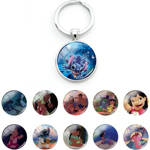 Disney Lilo & Stitch Characters Bag Car Keychain for Girls Boys Creative Pendant Glass Cabochon Keychains Trendy Jewelry DSN643