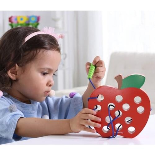 Children Montessori Educational Toys Worm Eat Fruit Apple Wooden Toys Watermelon Threading Toy Travel Block Puzzle Toys For Kids