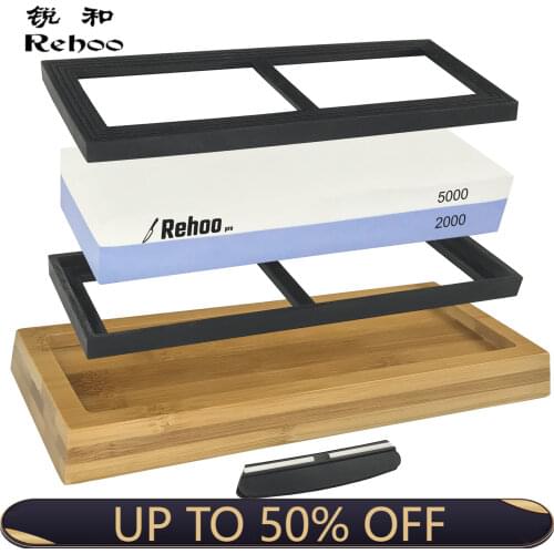 Rehoo Double-sided Sharpening Stone 2000/5000 Mesh + Non-slip Bamboo Base + Double Rubber Pad + Fixed Angle Guide Rail
