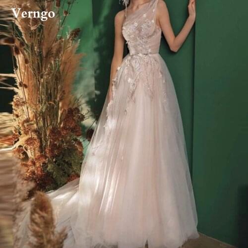Verngo Elegant Blush Pink Tulle Wedding Dress One Shoulder Floral Flowers Garden Bridal Gowns Fairy Custom Robe Mariage