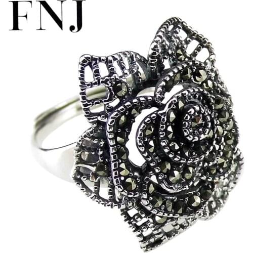 FNJ Rose Flower Rings 925 Silver Adjustable Size Open Popular S925 Solid Silver Ring for Women Jewelry Fine MARCASITE