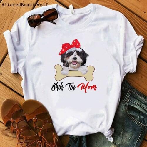 Shih Tzu Mom Dog Bandana Tshirt Harajuku Cute Cartoon White Print Short Sleeve Mama T Shirt Loose O-neck Casual Women T-shirt