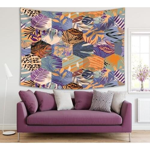 Tapestry Exotic Plants Palm Tree Leaves Branches Tropic Nature in Blue Orange Purple Black Colors Art Print