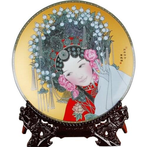 Chinese Peking Opera Figure Plate Decor Ceramic Ornamental Chinese Decoration Plate Wood Base Porcelain Plate Set Wedding Gift