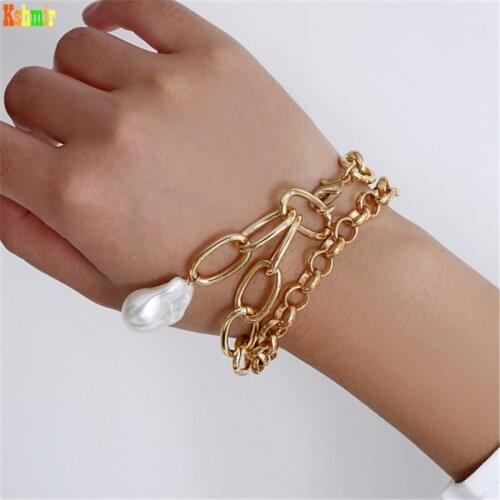 Kshmir Pendant Bracelet and Bracelet Lady Wedding Punk Stocky Chain Bracelet Couple Jewelry Gift Imitation Pearl Retro Women
