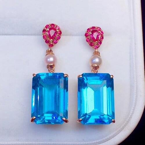 Fashion Square Blue Crystal Topaz Gemstones Diamonds Drop Earrings For Women Rose Gold Color Luxury Princess Jewelry Accessories