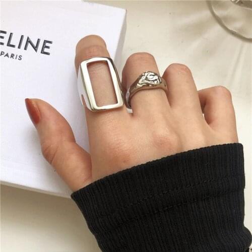 New S925 INS Hollow Rectangular Ring Irregular Plane Exaggerated Opening Personality Fashion Ring