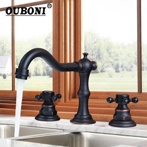 OUBONI Black Bathtub Swivel Spout Oil Rubbed Black Bronze 3 Pcs Double Handles Bathroom Basin Sink Brass Faucet Mixer Tap