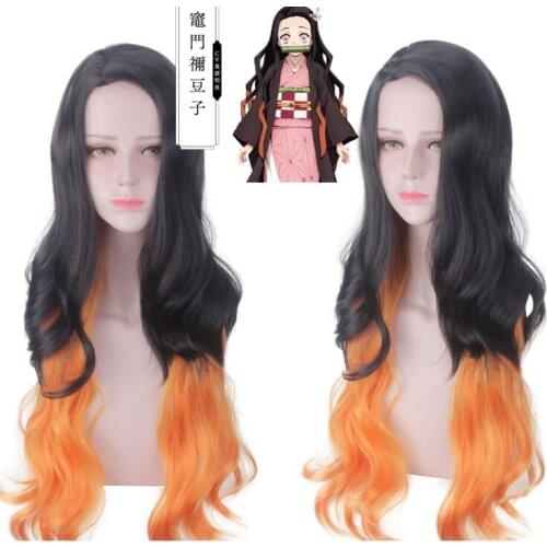 Kamado Nezuko Cosplay Wig Blade of Demon Slayer Kimetsu no Yaiba Halloween Anime 120cm Long Curly Hair Mixed Black Brown + Cap