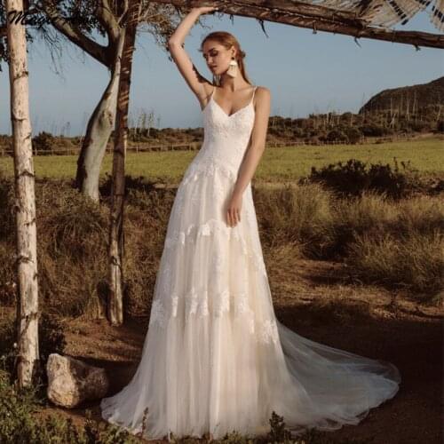 Magic Awn Bohemian Lace Tulle Wedding Dresses Light Champagne Appliques Spaghetti Straps Beach A-Line Bridal Gowns Vestidos Boda
