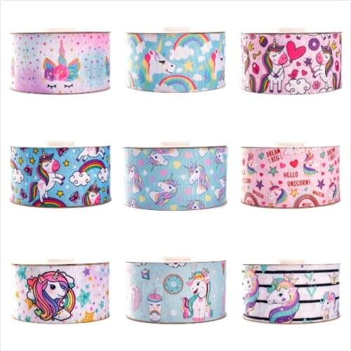 Lovely Unicorn Cartoon Heat Transfer Printed Grosgrain Ribbon 5 Yards 25mm/38mm/50mm/75mm for DIY Hair Bows
