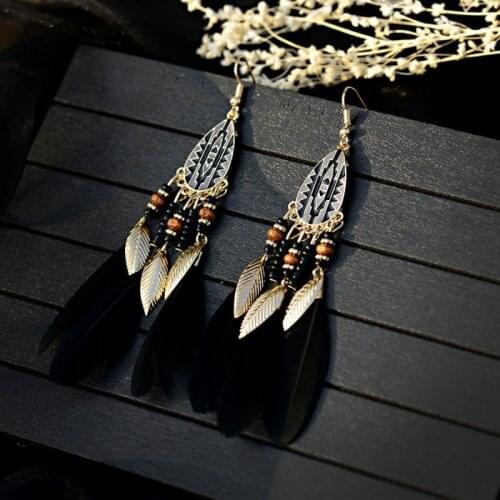 V Bohemian Long Feather Dangle Earrings For Women Beach Chain Tassel Drop Earrings Wedding Bride Jewelry Oorbellen Hangers