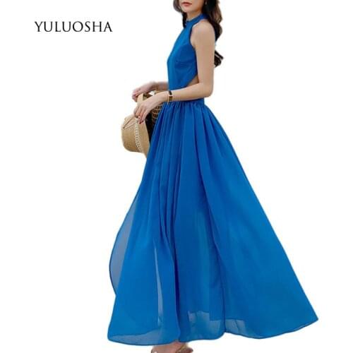 YULUOSHA Blue Prom Dress Halter Sleeveless Draped A-Line Dress Elegant Vestidos De Fiesta Largos Elegantes De Gala Sexy Dress